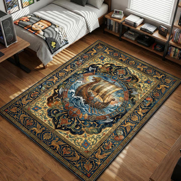 Viking Longship sailing on ocean waves surrounded by runes and axes in ornate gold Norse style area rug and floor mat