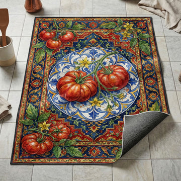 Heirloom vine tomatoes kitchen mat on blue azulejo plate with red and gold ornamental border