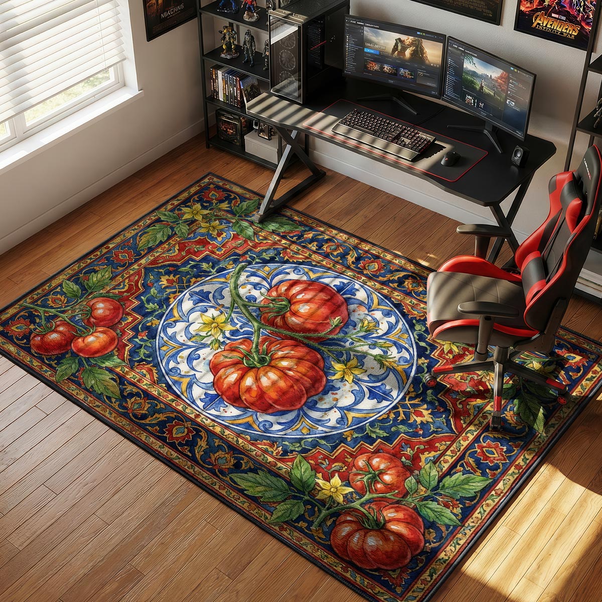 Vine tomato kitchen rug on terracotta tile floor near a rustic cutting board and fresh herbs