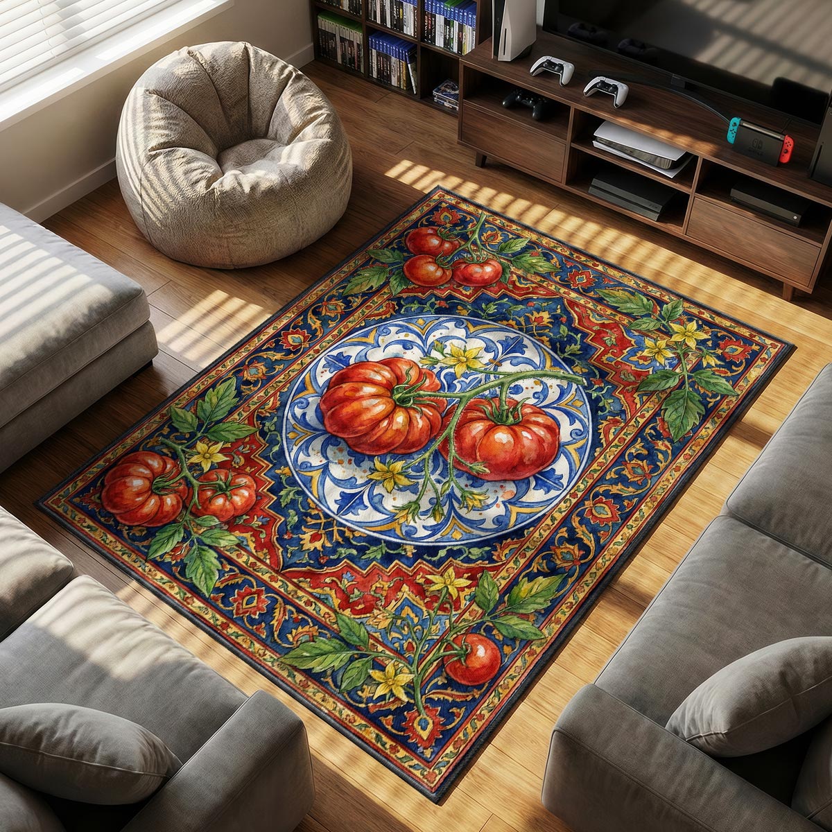 Close-up of vine tomato mat showing ribbed skin detail and blue ceramic tile pattern on velvet