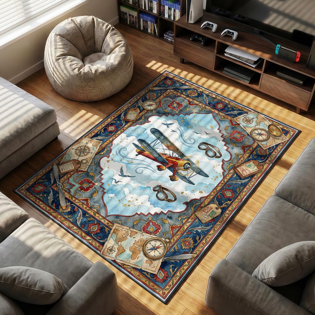 Vintage Airplane Adventure Rug - Pilot Kids Room Mat