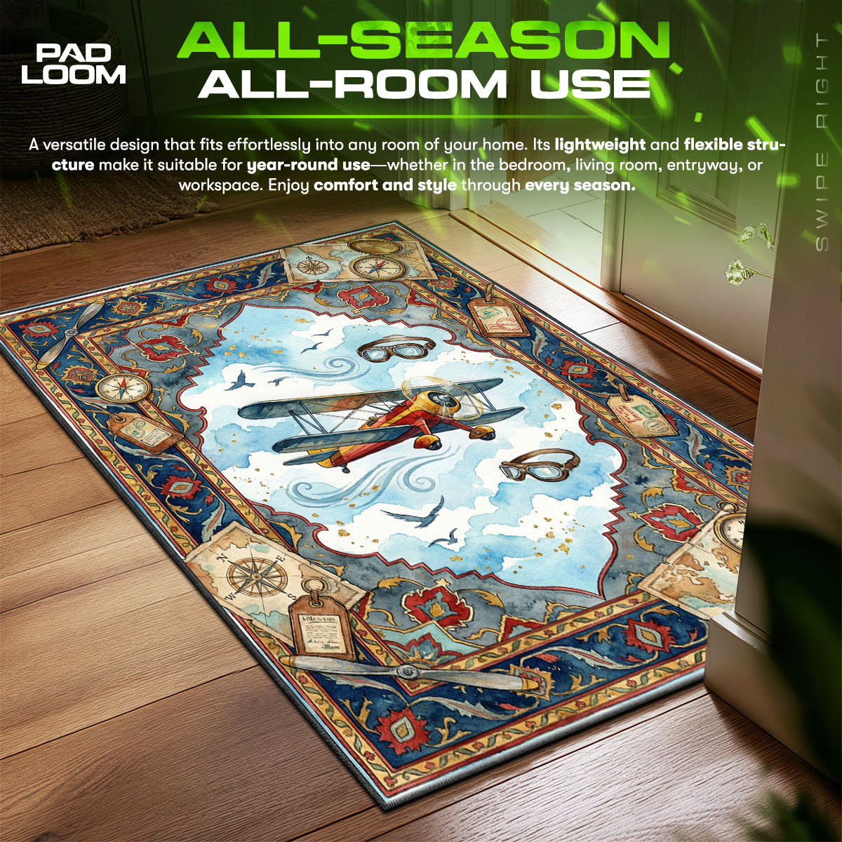 Vintage Airplane Adventure Rug - Pilot Kids Room Mat