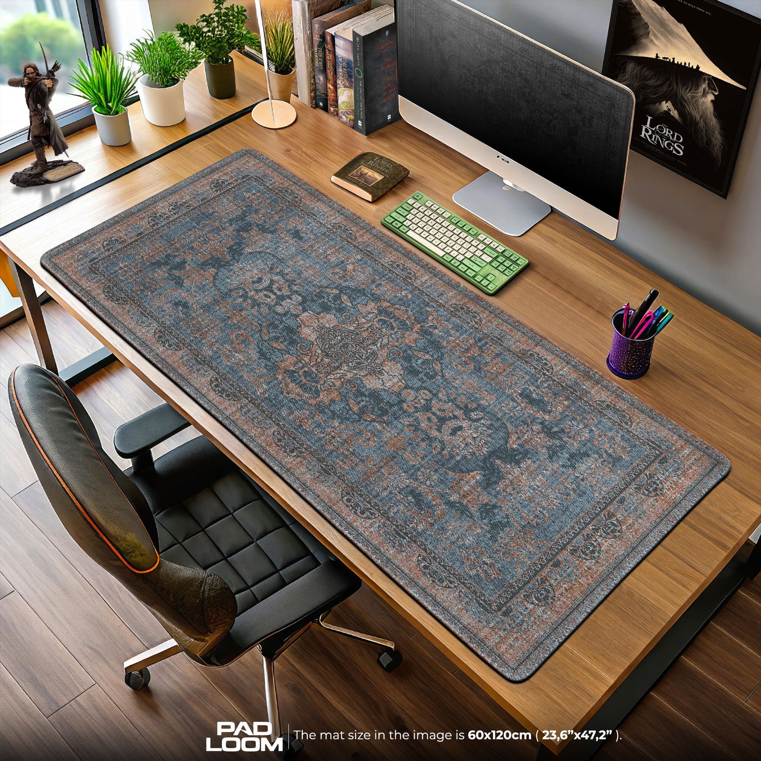 Vintage Blue Medallion Mouse Pad, Artistic Gamer Desk Mat Padloom