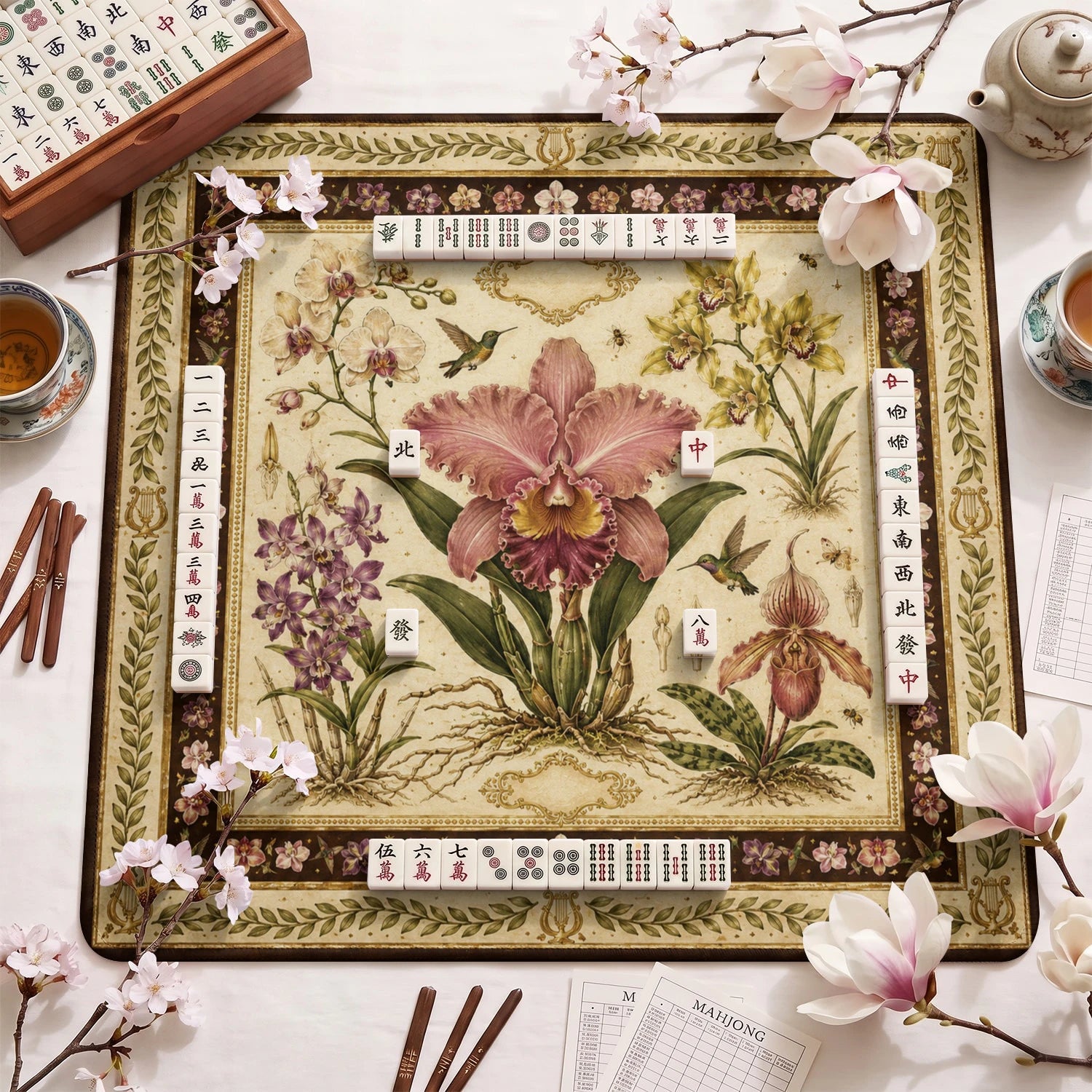 Vintage Orchid Mahjong Mat – neoprene mah jongg table mat