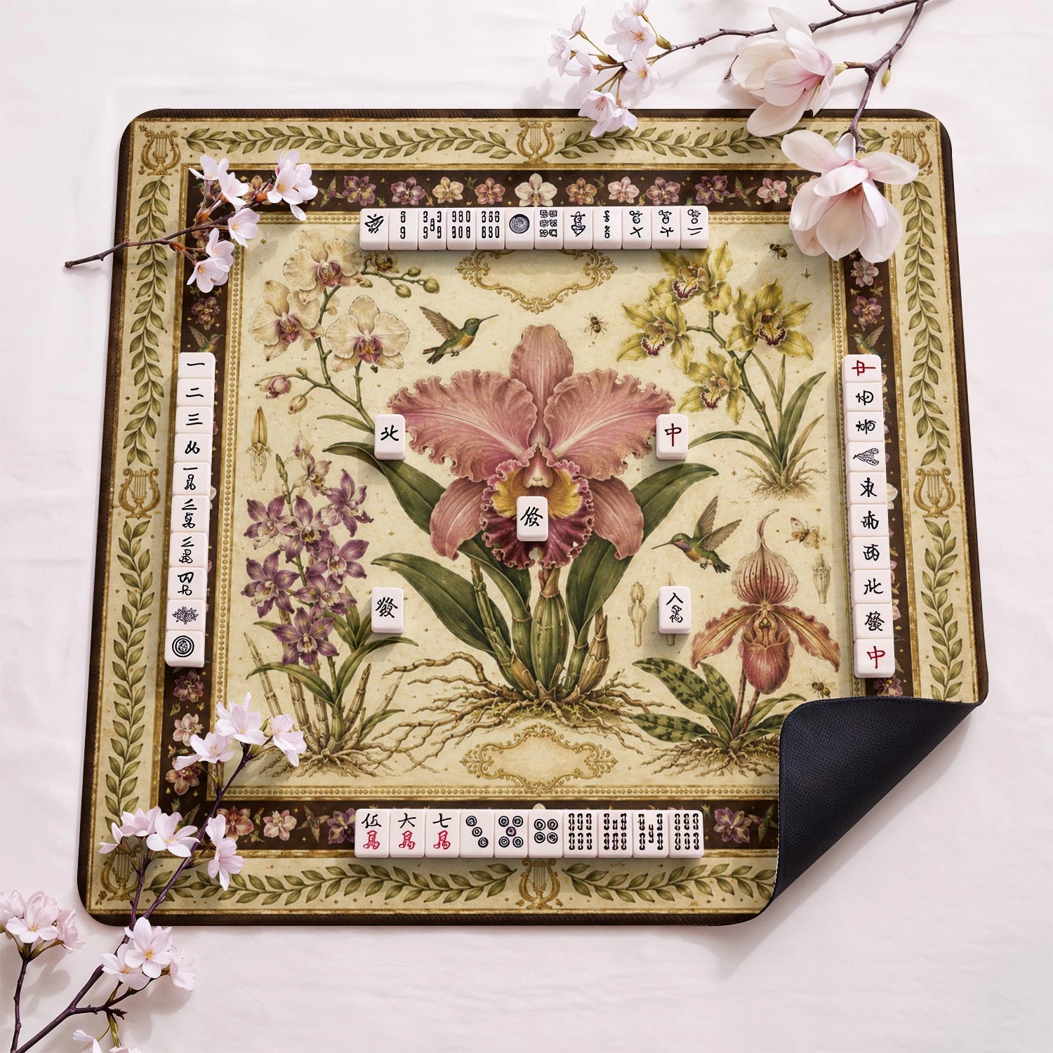 Vintage Orchid design close-up on mahjong mat surface