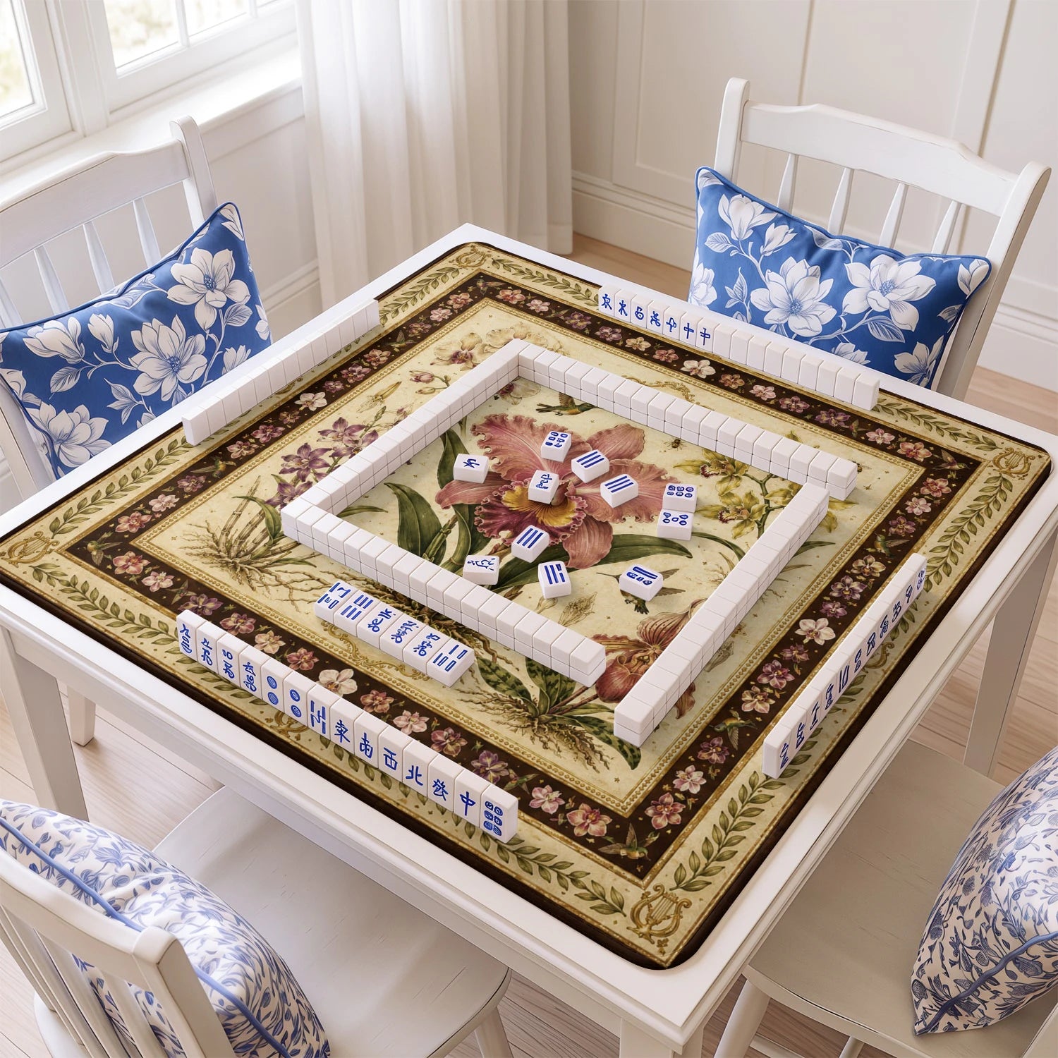 Vintage Orchid mahjong mat with tiles and racks on the table
