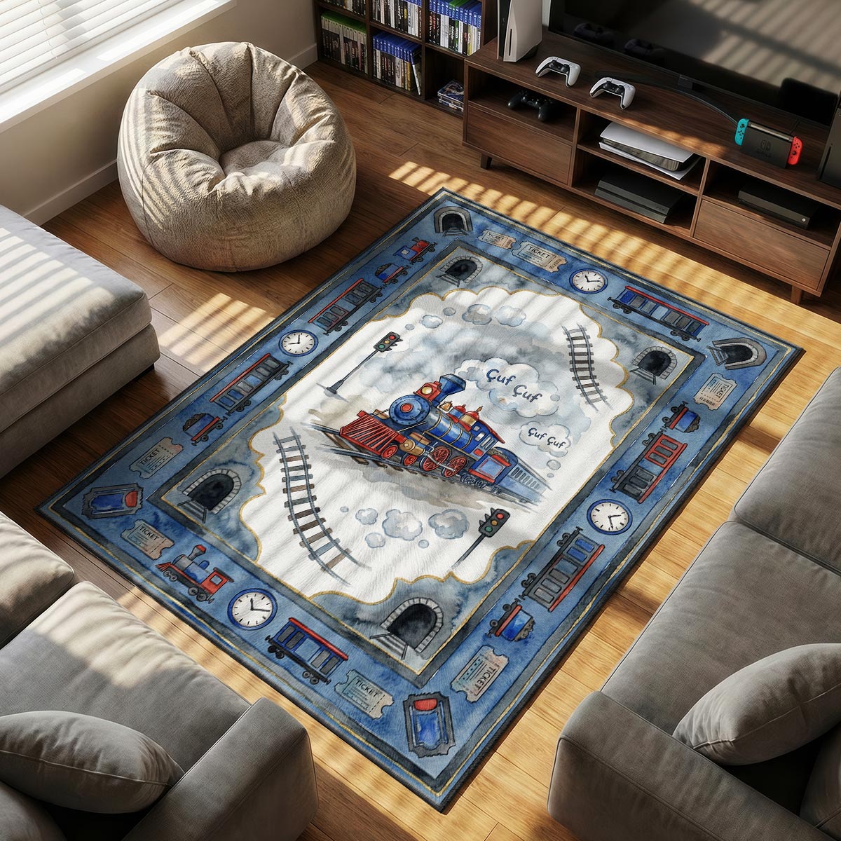 Vintage Steam Train Rug - Kids Room Floor Mat