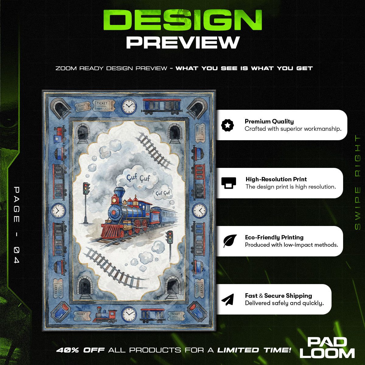 Vintage Steam Train Rug - Kids Room Floor Mat