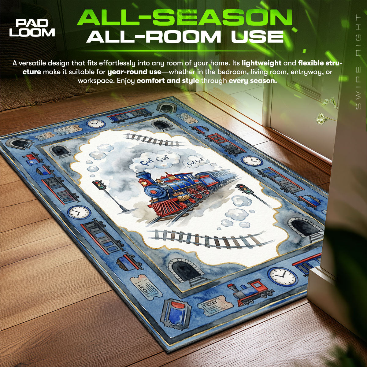 Vintage Steam Train Rug - Kids Room Floor Mat