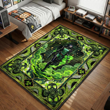 Viper standing in swirling green toxic gas with biohazard symbols and gas masks illustrative style gaming area rug and floor mat