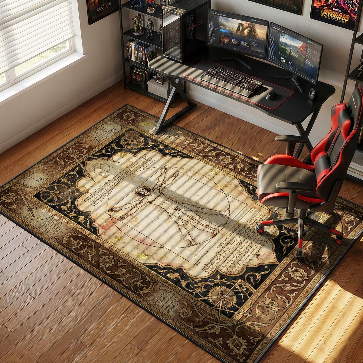 Vitruvian rug placed in a home study with leather chair dark wood desk and brass lamp