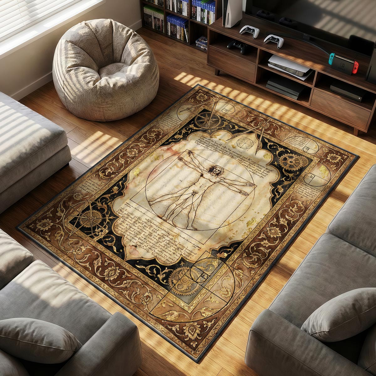 Close-up of Vitruvian blueprint rug showing brass gear detail and mirror script on velvet surface