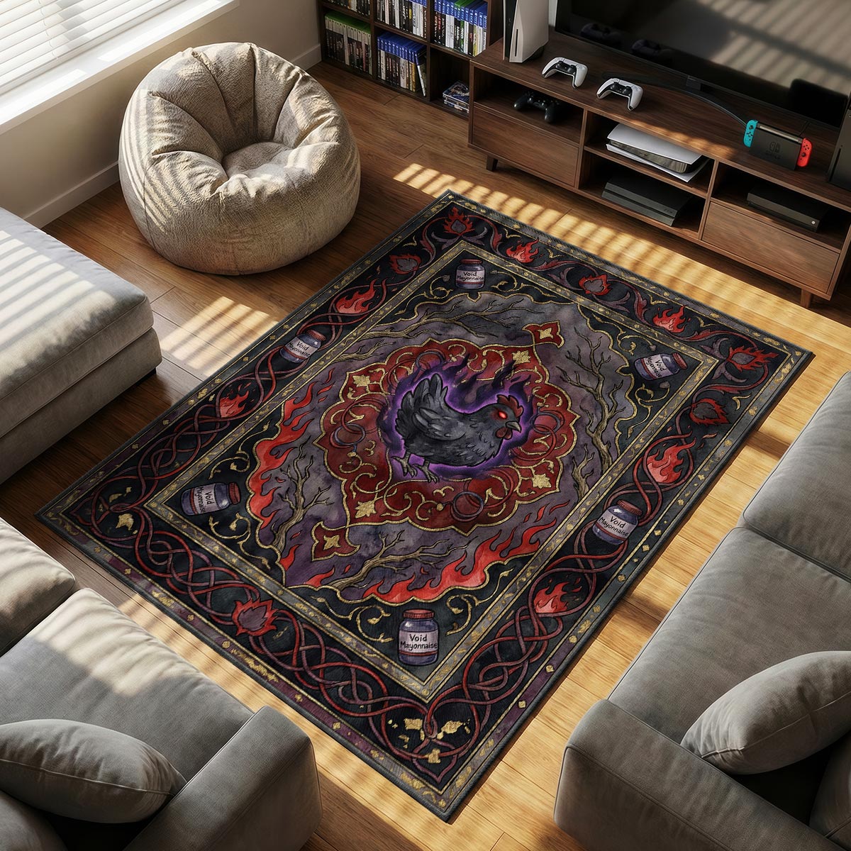 Void Chicken themed area rug for home decor fans