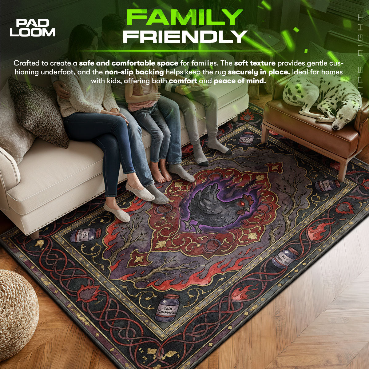 Void area rug showing full home decor artwork