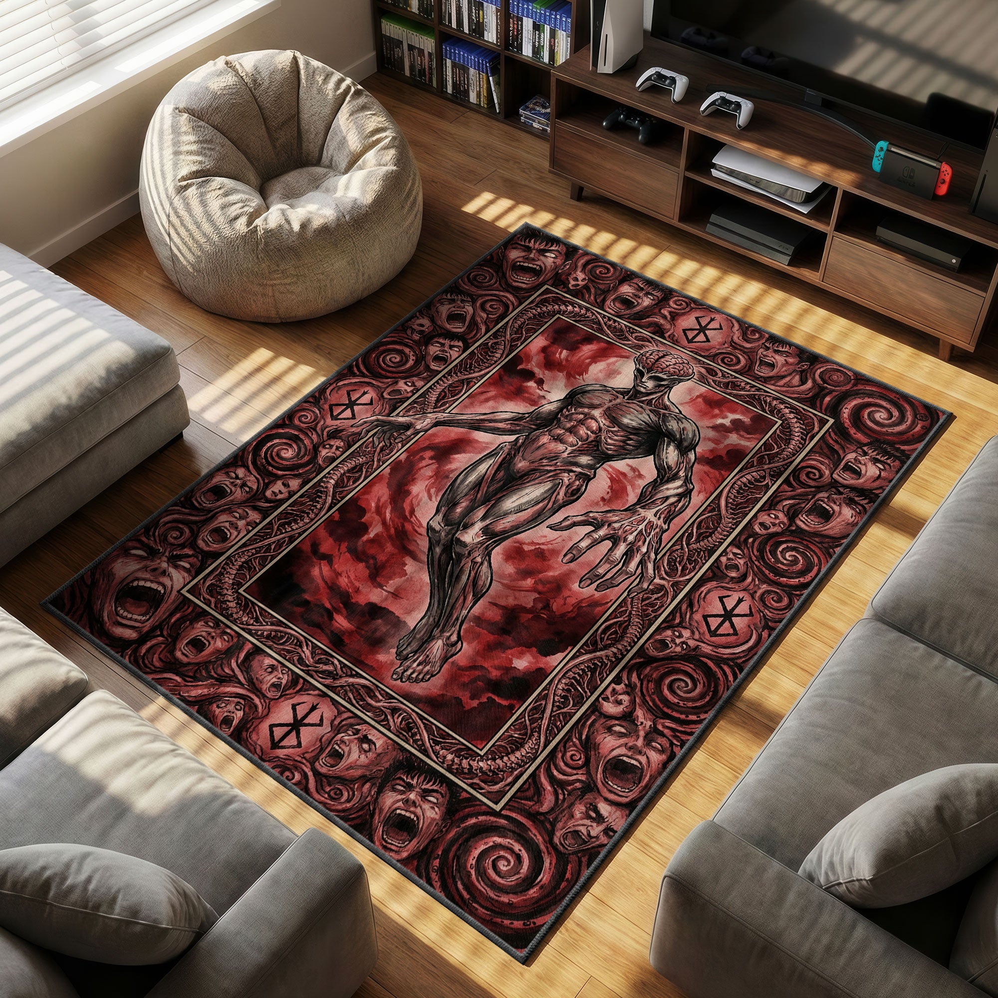 Void God themed area rug for home decor fans