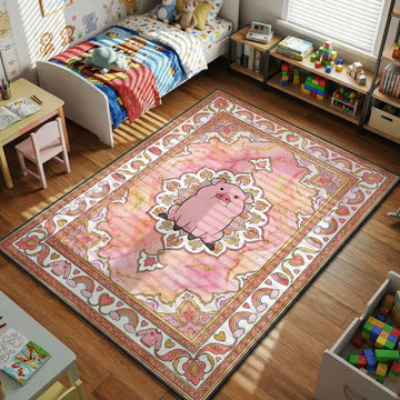 Waddles pig Gravity Falls area rug with hearts and rainbows on pink marble tapestry