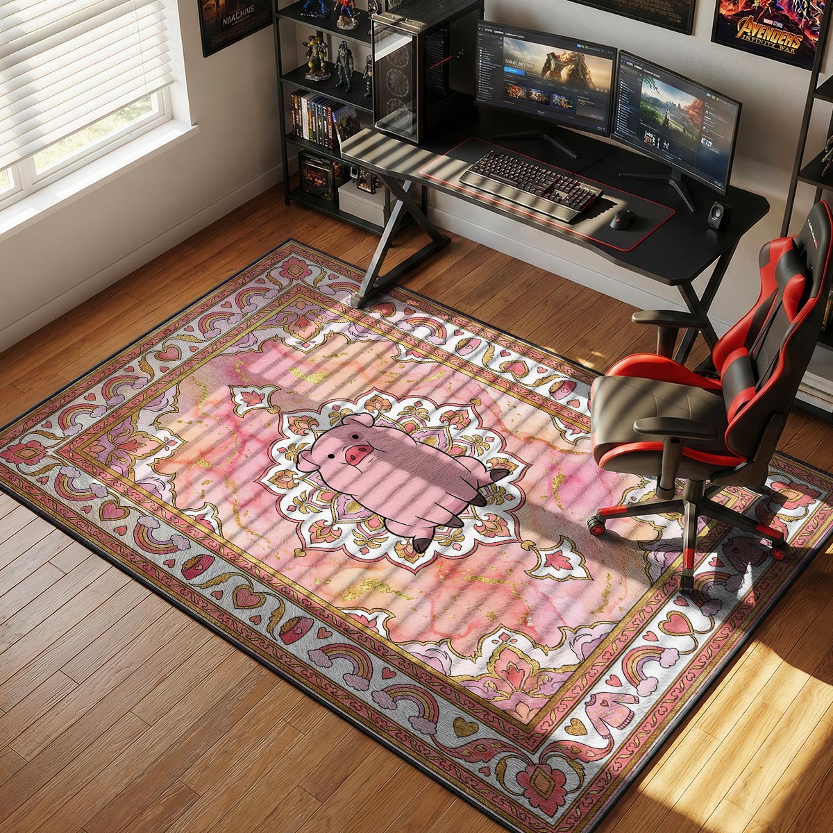 Waddles pig rug placed in a girl's bedroom with pink pillows and white bookshelf