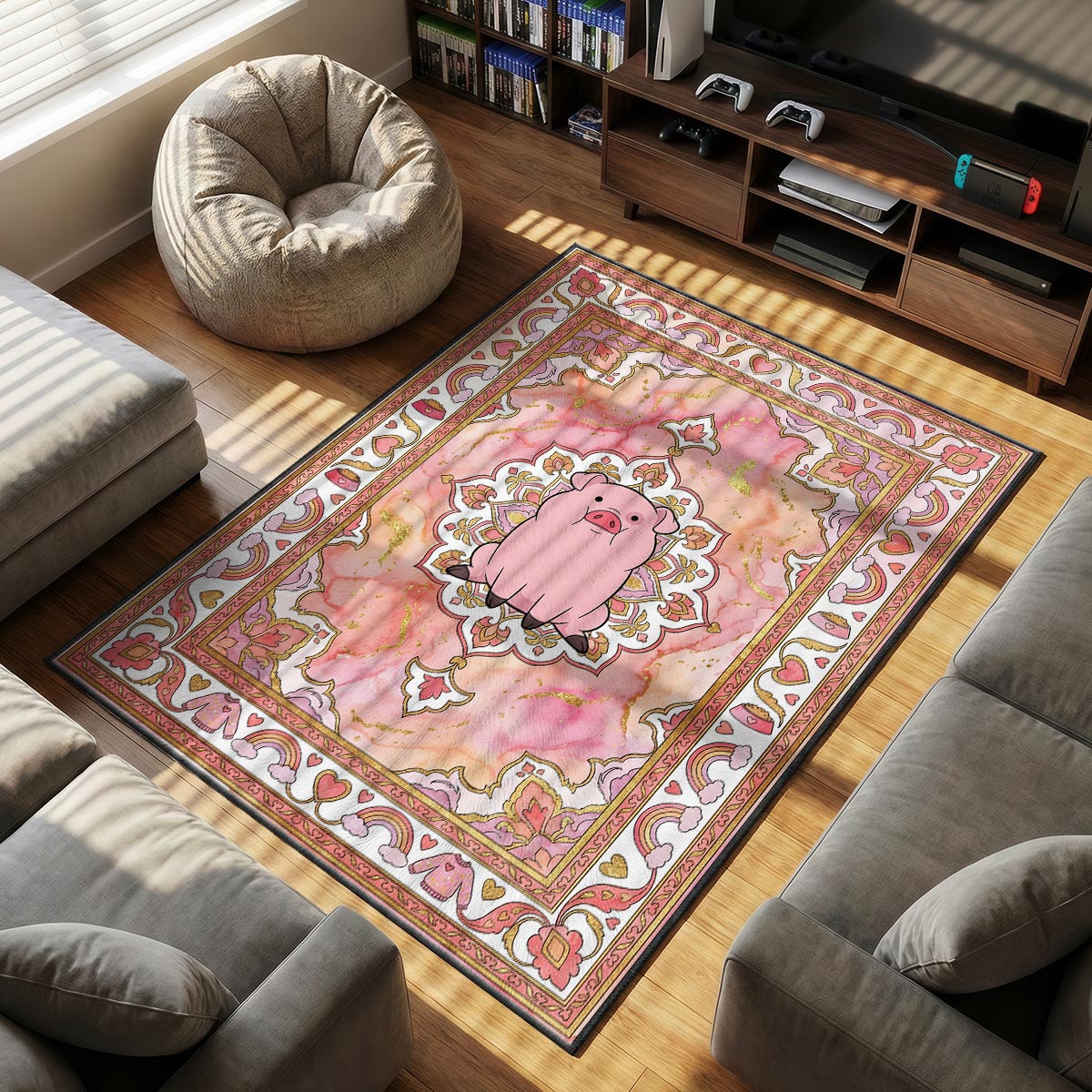 Close-up of Waddles area rug showing pink marble watercolor and gold leaf on velvet surface