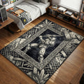 Detailed monochrome illustration of the War Hammer Titan from Attack on Titan wielding a massive mallet amidst crystal spikes, designed as a decorative rug.