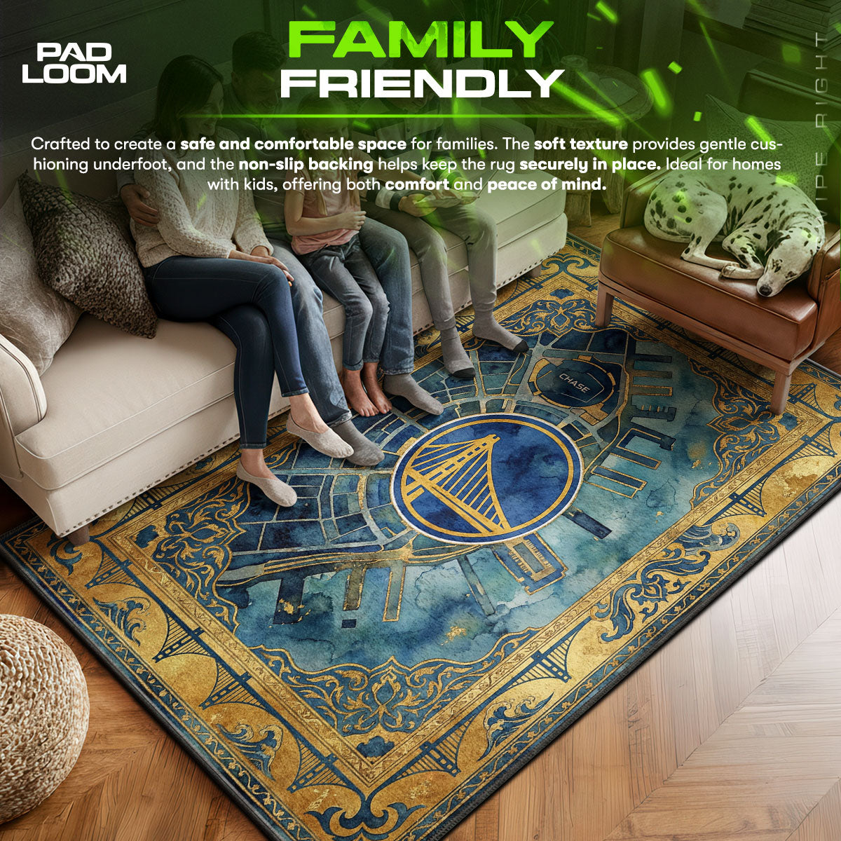 Warriors area rug showing full home decor artwork