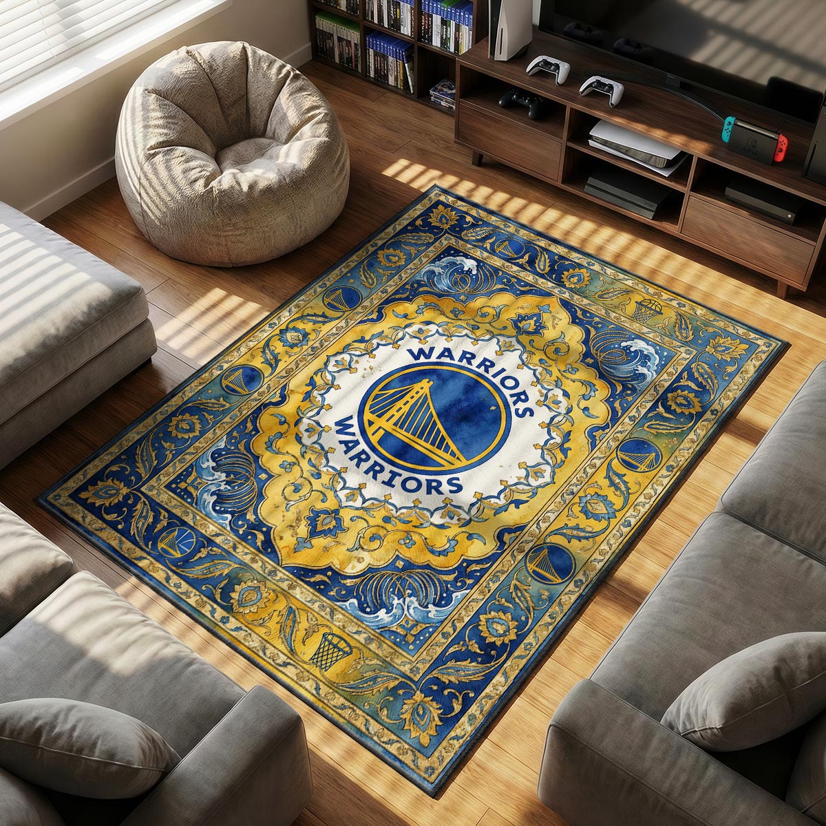 Warriors Ornate themed area rug for home decor fans