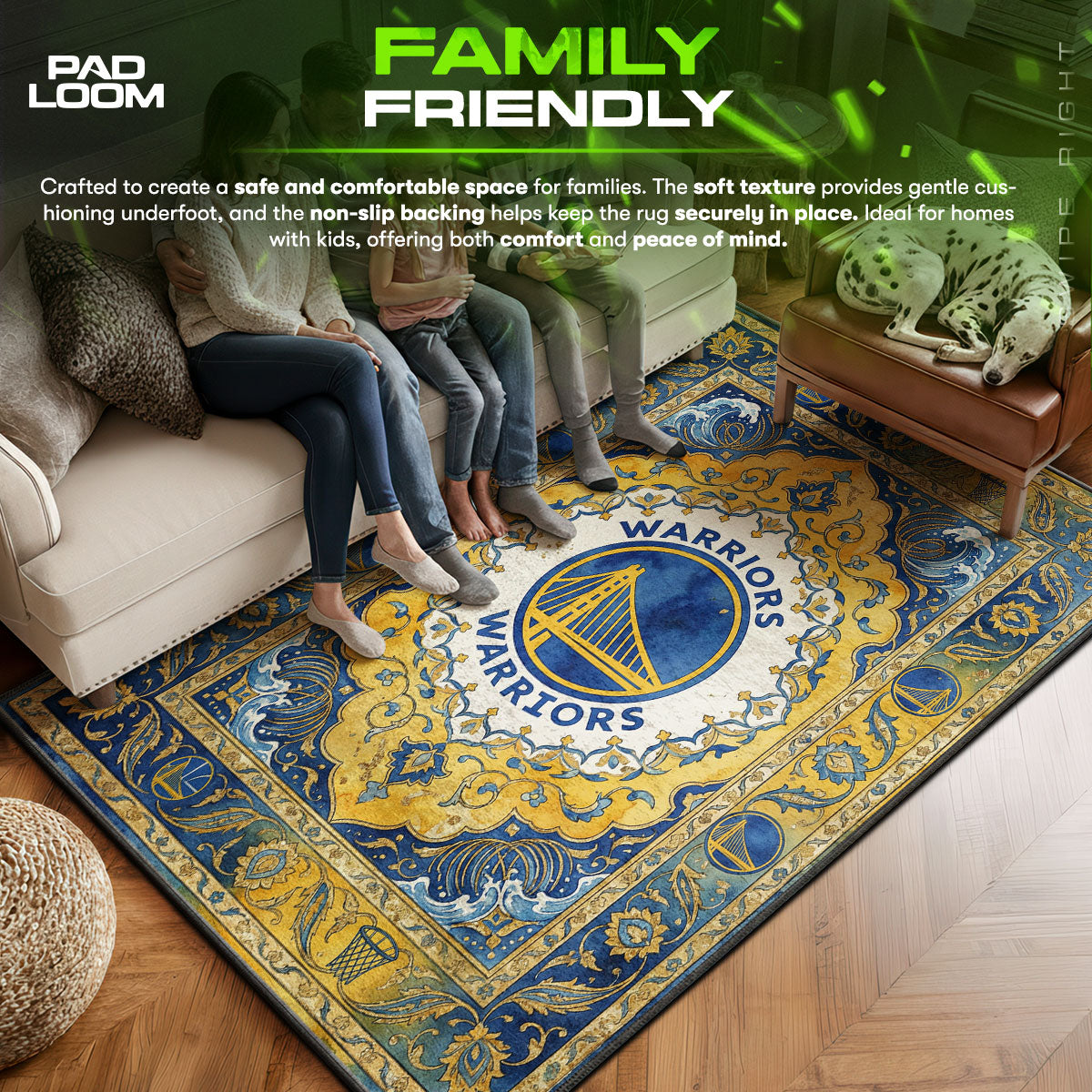 Warriors area rug showing full home decor artwork