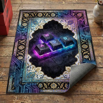 PC gaming WASD keys area rug with purple cyan glow and circuit board ornamental border