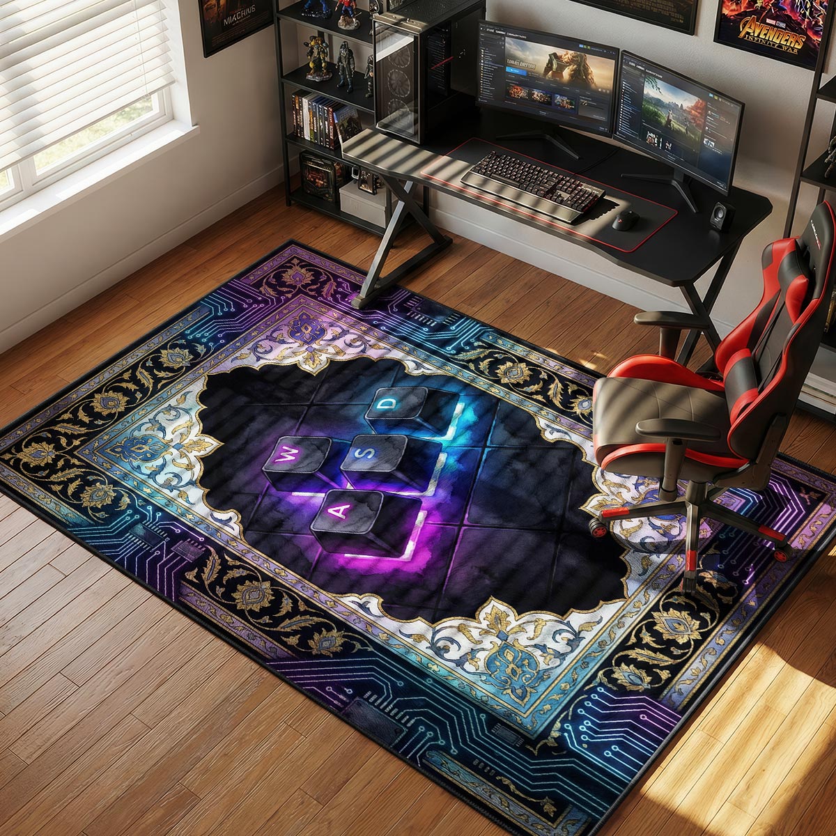 WASD neon rug placed under a gaming desk with RGB keyboard and dual monitors