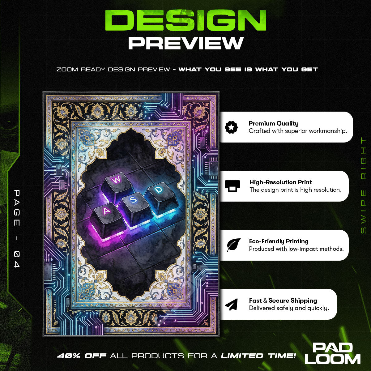 WASD Neon Keys PC Gamer rug — main product view