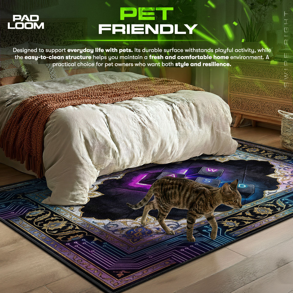 WASD Neon themed area rug for home decor fans