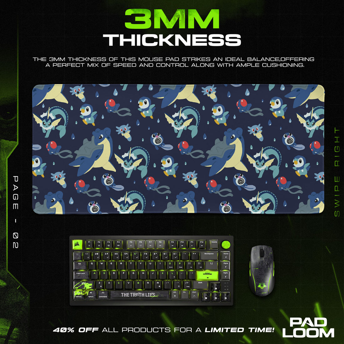 Water-Type Pokémon Mouse Pad, Ocean Pattern Gaming Desk Mat
