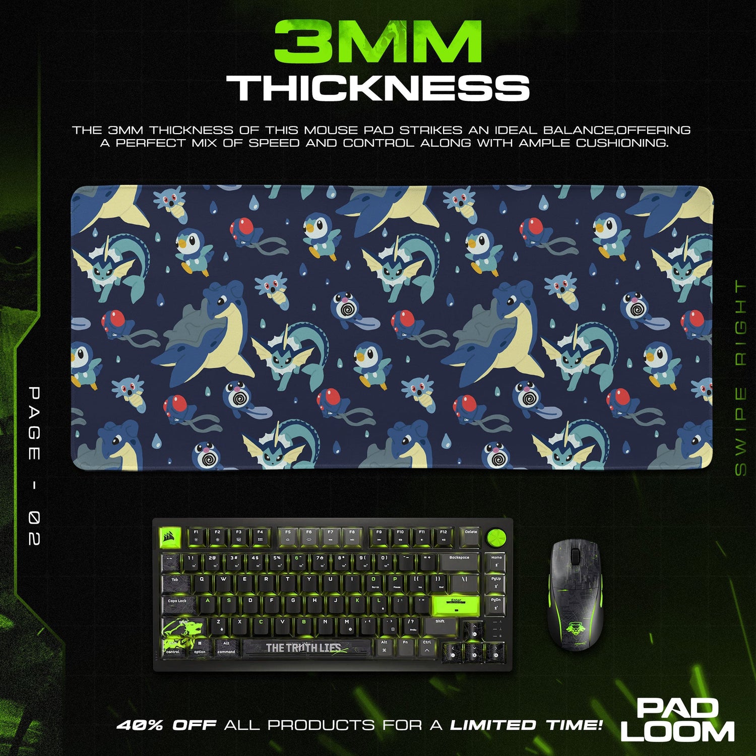 Water-Type Pokémon Mouse Pad, Ocean Pattern Gaming Desk Mat Padloom