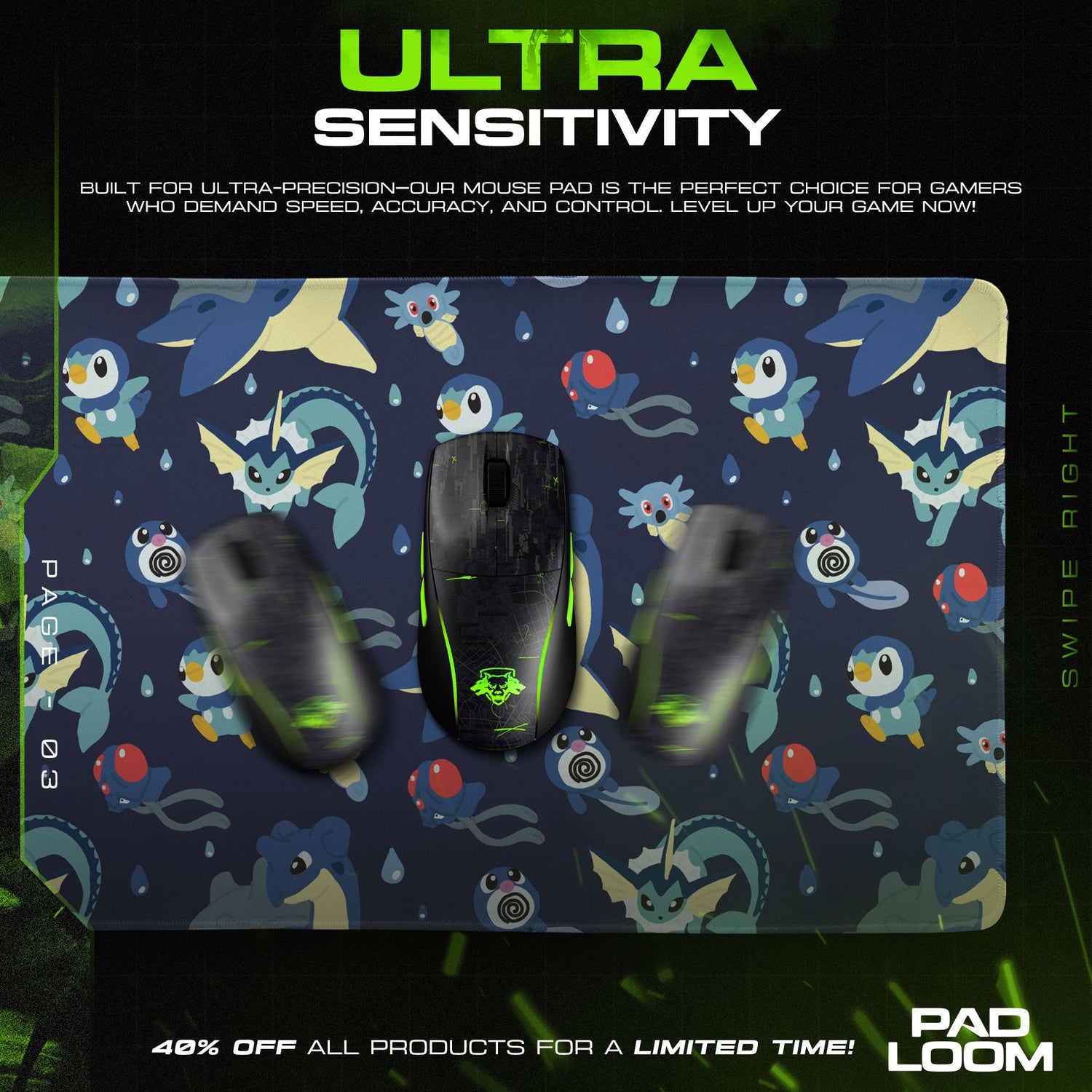 Water-Type Pokémon Mouse Pad, Ocean Pattern Gaming Desk Mat Padloom