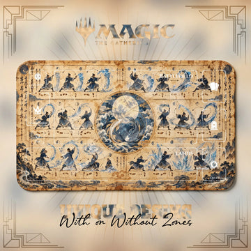 Waterbending Scroll Avatar MTG playmat, beige and orange art with play zones, 24 x 14 in