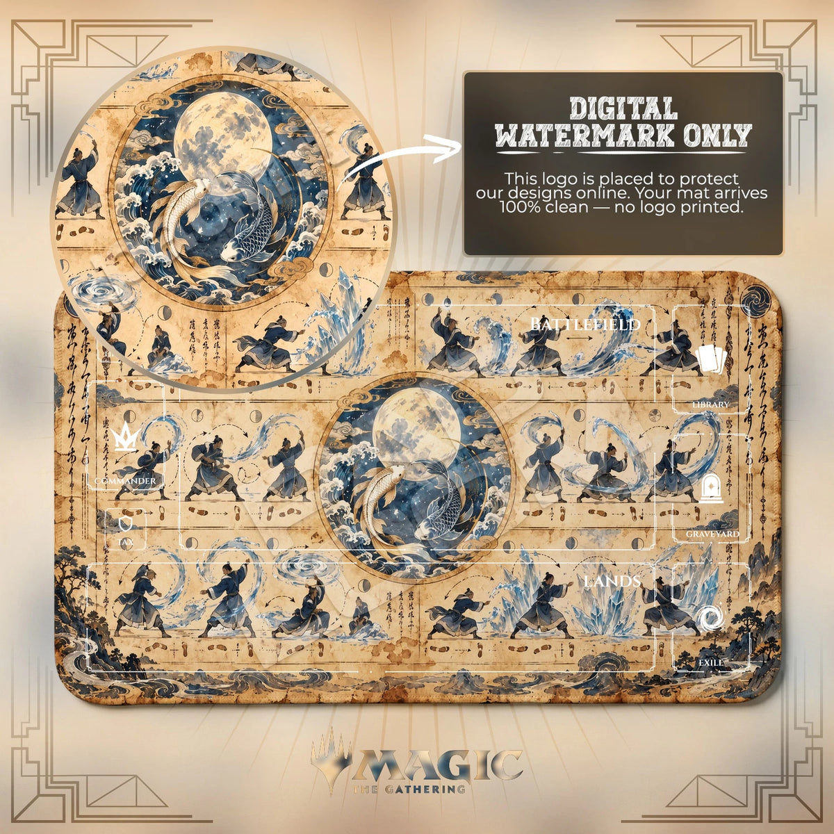 Waterbending Scroll Avatar MTG playmat with zones; the Padloom watermark is digital only, not printed