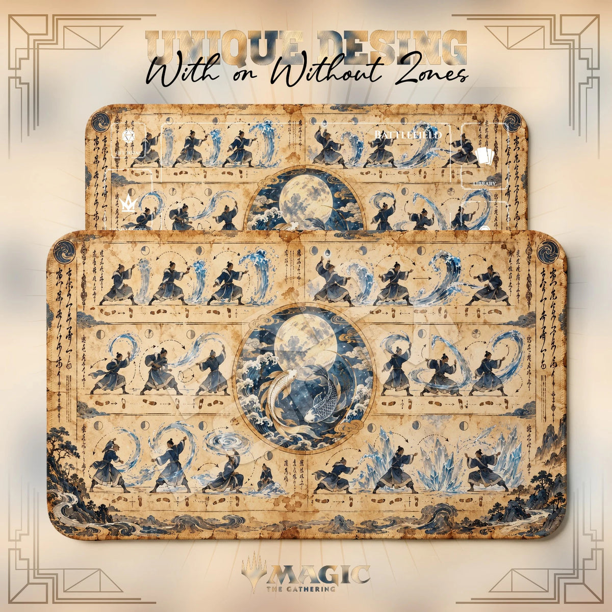 Waterbending Scroll Avatar MTG playmat shown with zones and without zones