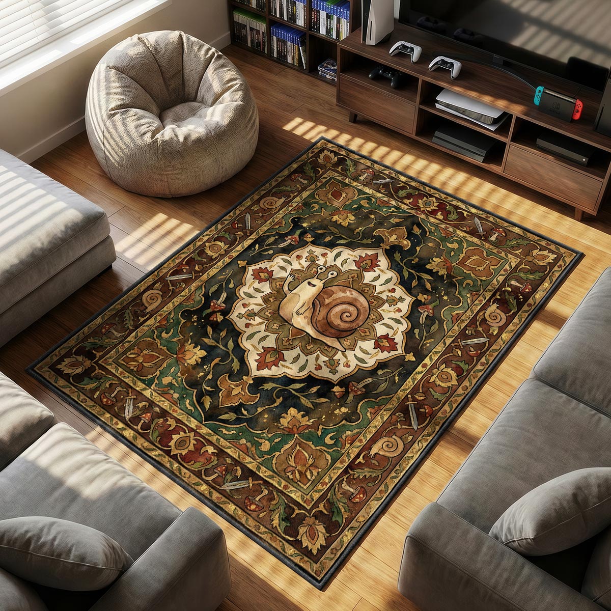 Waving Snail themed area rug for home decor fans