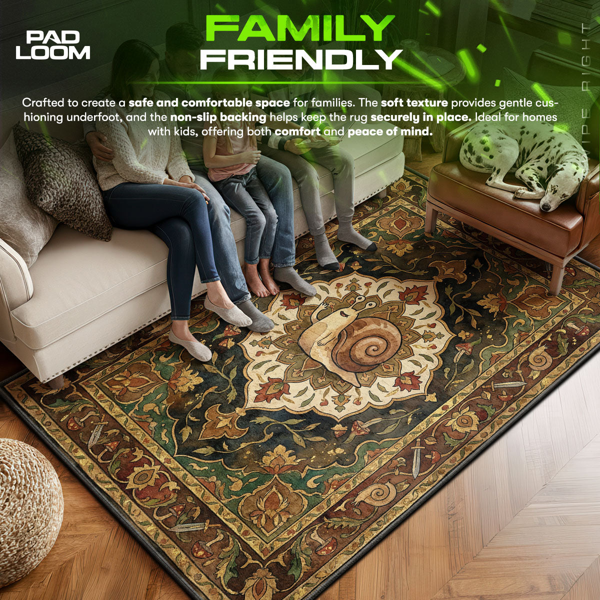 Waving area rug showing full home decor artwork