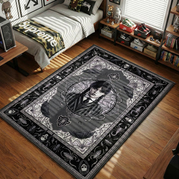 Wednesday Addams gothic portrait black grey hypebeast area rug