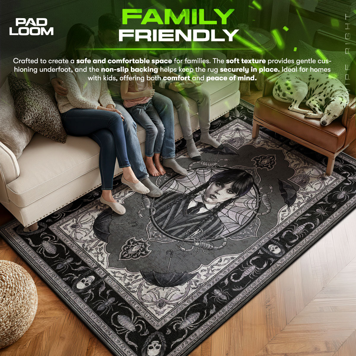 Wednesday area rug showing full Gothic artwork