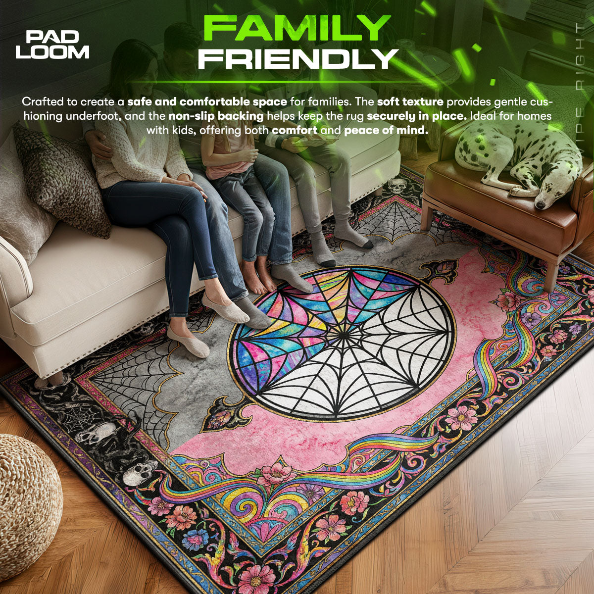 Wednesday area rug showing full Gothic artwork