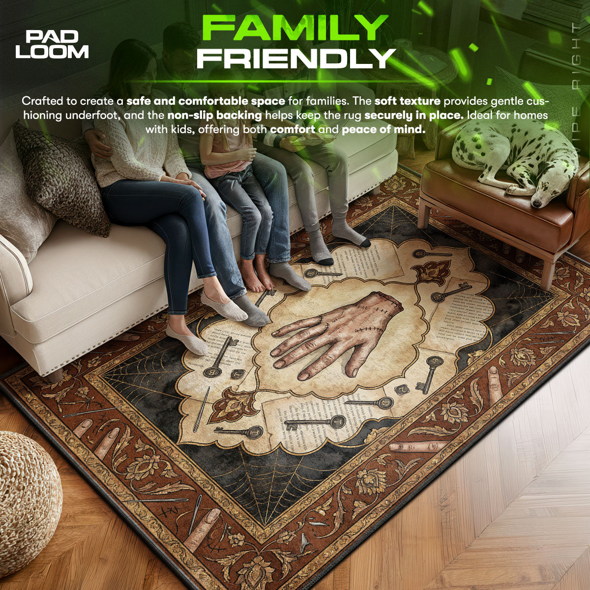Wednesday area rug showing full Gothic artwork
