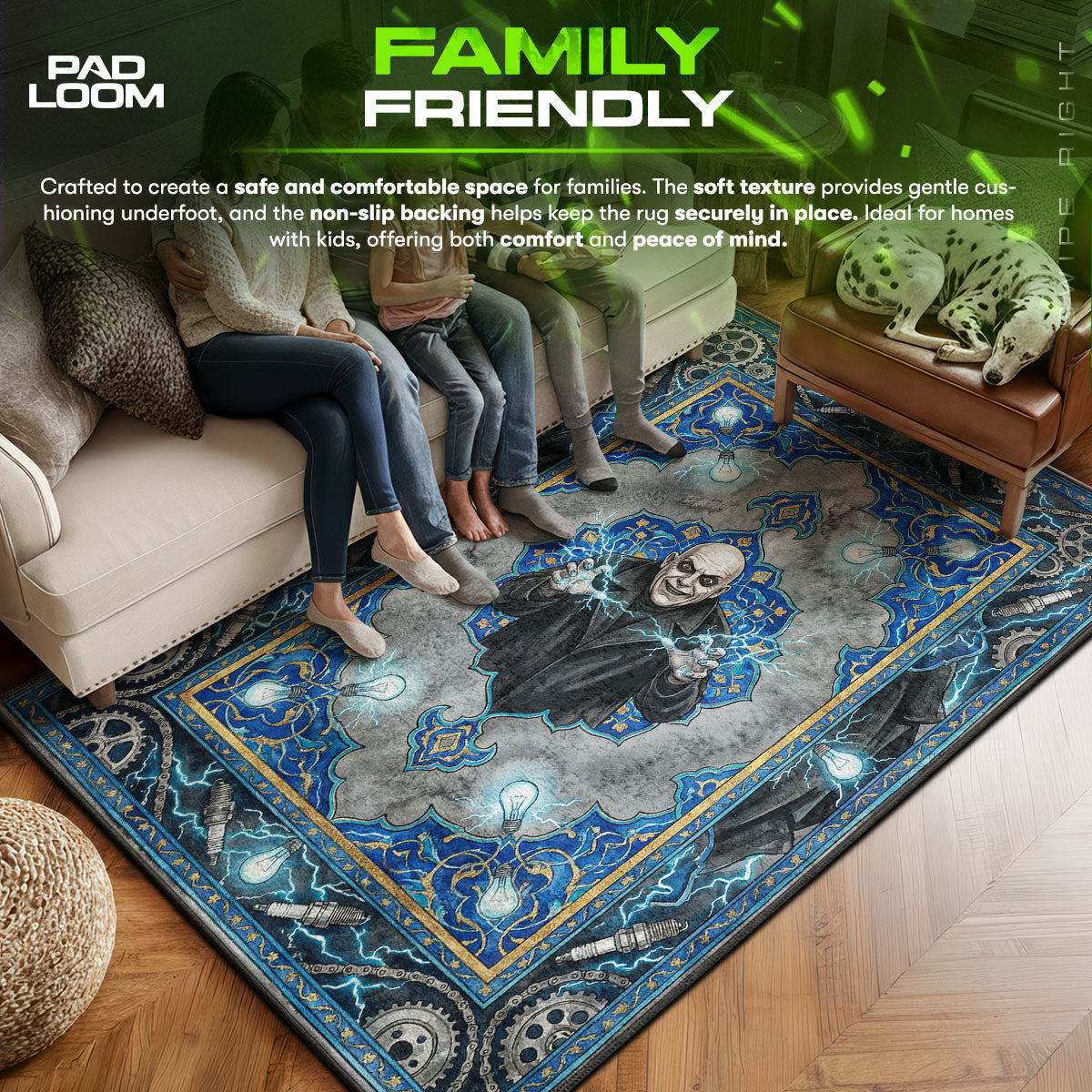 Uncle area rug showing full home decor artwork