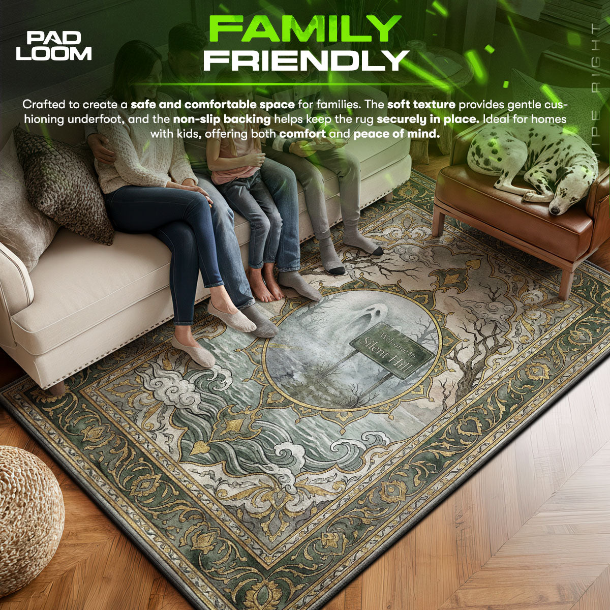 Welcome area rug showing full home decor artwork