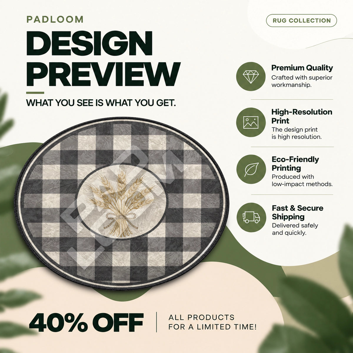 Wheat Plaid botanical round rug full design preview