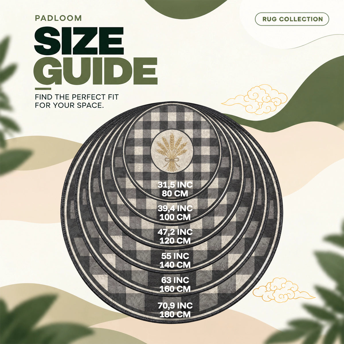 Wheat Plaid round rug size guide, 80 to 180 cm (31.5 to 70.9 in)