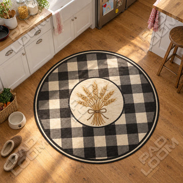 Wheat Plaid botanical round rug in a styled room - botanical circle area rug