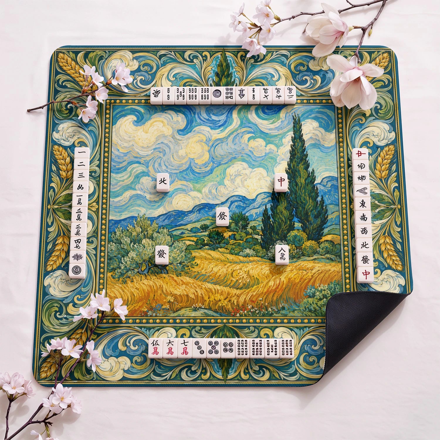 Wheatfield Cypress design close-up on mahjong mat surface