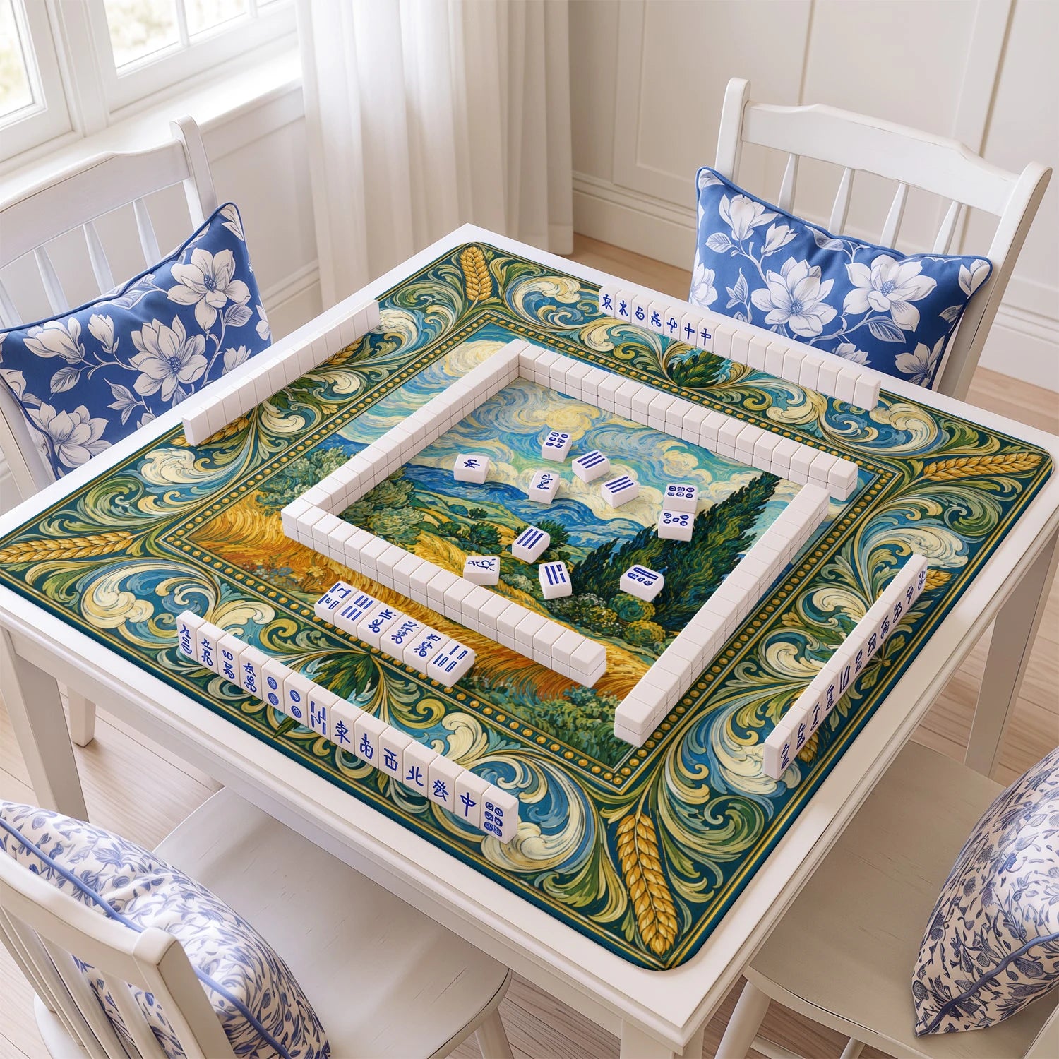 Wheatfield Cypress mahjong mat with tiles and racks on the table