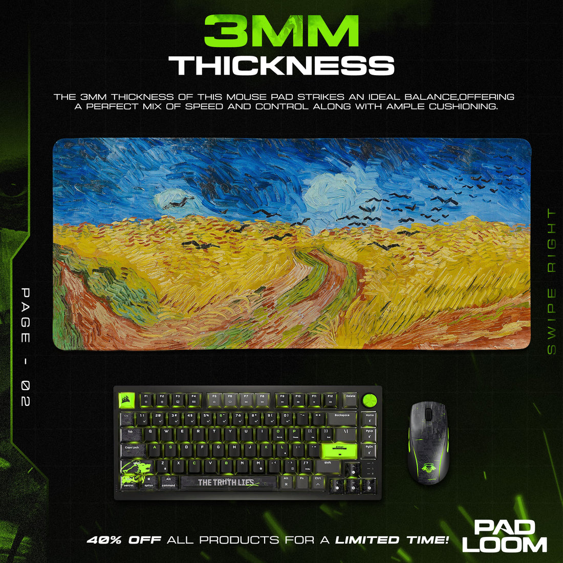 Wheatfield with Crows Mouse Pad, Van Gogh Art Gaming Desk Mat